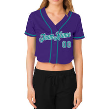 Загрузить изображение в средство просмотра галереи, Custom Women's Purple Aqua-White V-Neck Cropped Baseball Jersey