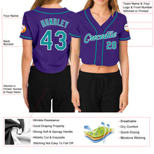 Загрузить изображение в средство просмотра галереи, Custom Women's Purple Aqua-White V-Neck Cropped Baseball Jersey