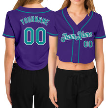Загрузить изображение в средство просмотра галереи, Custom Women's Purple Aqua-White V-Neck Cropped Baseball Jersey