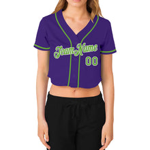 Загрузить изображение в средство просмотра галереи, Custom Women's Purple Neon Green-White V-Neck Cropped Baseball Jersey