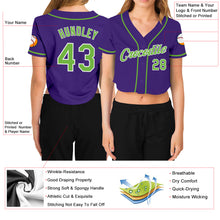 Загрузить изображение в средство просмотра галереи, Custom Women's Purple Neon Green-White V-Neck Cropped Baseball Jersey