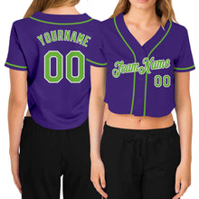 Загрузить изображение в средство просмотра галереи, Custom Women's Purple Neon Green-White V-Neck Cropped Baseball Jersey