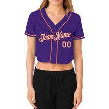 Laden Sie das Bild in den Galerie-Viewer, Custom Women's Purple White-Red V-Neck Cropped Baseball Jersey