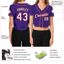 Laden Sie das Bild in den Galerie-Viewer, Custom Women's Purple White-Red V-Neck Cropped Baseball Jersey