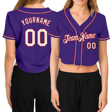 Laden Sie das Bild in den Galerie-Viewer, Custom Women's Purple White-Red V-Neck Cropped Baseball Jersey