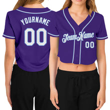 Загрузить изображение в средство просмотра галереи, Custom Women's Purple White-Light Blue V-Neck Cropped Baseball Jersey
