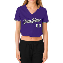 Загрузить изображение в средство просмотра галереи, Custom Women's Purple White-Black V-Neck Cropped Baseball Jersey