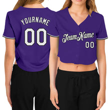 Загрузить изображение в средство просмотра галереи, Custom Women's Purple White-Black V-Neck Cropped Baseball Jersey