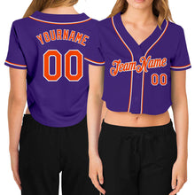Загрузить изображение в средство просмотра галереи, Custom Women's Purple Orange-White V-Neck Cropped Baseball Jersey