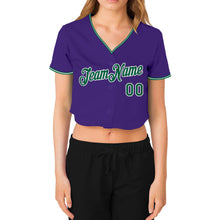 Загрузить изображение в средство просмотра галереи, Custom Women's Purple Kelly Green-White V-Neck Cropped Baseball Jersey