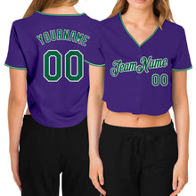 Загрузить изображение в средство просмотра галереи, Custom Women's Purple Kelly Green-White V-Neck Cropped Baseball Jersey