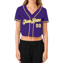 Загрузить изображение в средство просмотра галереи, Custom Women's Purple White-Gold V-Neck Cropped Baseball Jersey