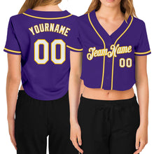 Загрузить изображение в средство просмотра галереи, Custom Women's Purple White-Gold V-Neck Cropped Baseball Jersey