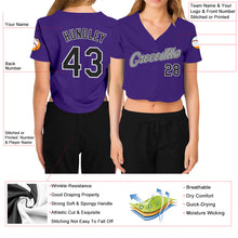 Загрузить изображение в средство просмотра галереи, Custom Women's Purple Black White-Gray V-Neck Cropped Baseball Jersey