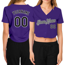 Загрузить изображение в средство просмотра галереи, Custom Women's Purple Black White-Gray V-Neck Cropped Baseball Jersey