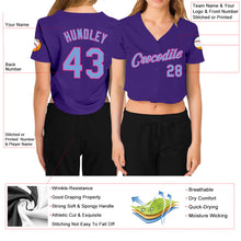 Загрузить изображение в средство просмотра галереи, Custom Women's Purple Light Blue-Pink V-Neck Cropped Baseball Jersey