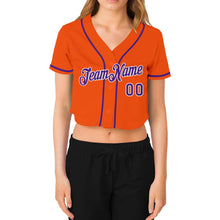 Load image into Gallery viewer, Custom Women's Orange Purple-White V-Neck Cropped Baseball Jersey