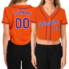 Load image into Gallery viewer, Custom Women's Orange Purple-White V-Neck Cropped Baseball Jersey