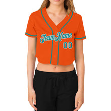 Load image into Gallery viewer, Custom Women's Orange Aqua-White V-Neck Cropped Baseball Jersey