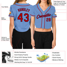 Загрузить изображение в средство просмотра галереи, Custom Women's Light Blue Red-Navy V-Neck Cropped Baseball Jersey