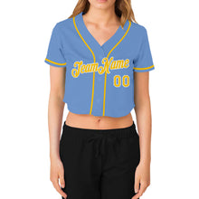 Load image into Gallery viewer, Custom Women's Light Blue Gold-White V-Neck Cropped Baseball Jersey