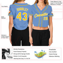 Load image into Gallery viewer, Custom Women's Light Blue Gold-White V-Neck Cropped Baseball Jersey