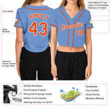 Load image into Gallery viewer, Custom Women's Light Blue Orange-White V-Neck Cropped Baseball Jersey