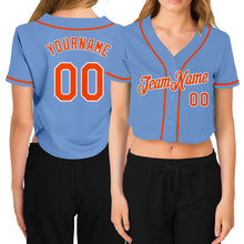 Load image into Gallery viewer, Custom Women's Light Blue Orange-White V-Neck Cropped Baseball Jersey