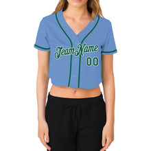 Laden Sie das Bild in den Galerie-Viewer, Custom Women's Light Blue Kelly Green-White V-Neck Cropped Baseball Jersey