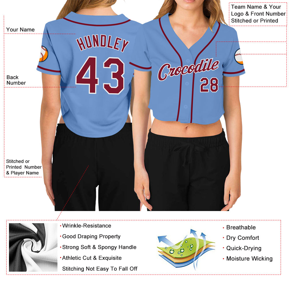 Cheap Custom Women's Light Blue CrimsonWhite VNeck Cropped Baseball