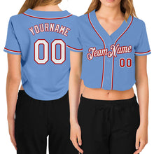 Загрузить изображение в средство просмотра галереи, Custom Women's Light Blue White-Red V-Neck Cropped Baseball Jersey