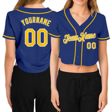 Загрузить изображение в средство просмотра галереи, Custom Women's Royal Gold-White V-Neck Cropped Baseball Jersey