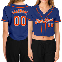 Загрузить изображение в средство просмотра галереи, Custom Women's Royal Orange-White V-Neck Cropped Baseball Jersey