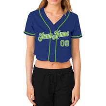 Загрузить изображение в средство просмотра галереи, Custom Women's Royal Neon Green-White V-Neck Cropped Baseball Jersey