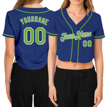 Загрузить изображение в средство просмотра галереи, Custom Women's Royal Neon Green-White V-Neck Cropped Baseball Jersey