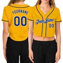 Загрузить изображение в средство просмотра галереи, Custom Women's Gold Royal-White V-Neck Cropped Baseball Jersey