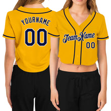 Загрузить изображение в средство просмотра галереи, Custom Women's Gold Navy-White V-Neck Cropped Baseball Jersey