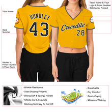 Загрузить изображение в средство просмотра галереи, Custom Women's Gold Black-White V-Neck Cropped Baseball Jersey