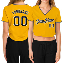 Загрузить изображение в средство просмотра галереи, Custom Women's Gold Black-White V-Neck Cropped Baseball Jersey