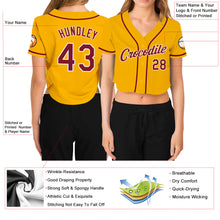 Загрузить изображение в средство просмотра галереи, Custom Women's Gold Crimson-White V-Neck Cropped Baseball Jersey