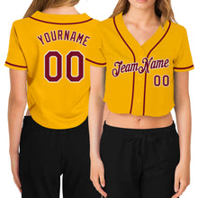 Загрузить изображение в средство просмотра галереи, Custom Women's Gold Crimson-White V-Neck Cropped Baseball Jersey