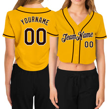 Загрузить изображение в средство просмотра галереи, Custom Women's Gold Brown-White V-Neck Cropped Baseball Jersey