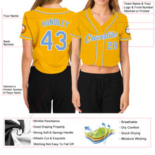 Загрузить изображение в средство просмотра галереи, Custom Women's Gold Light Blue-White V-Neck Cropped Baseball Jersey