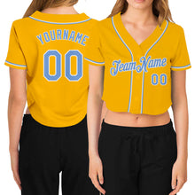 Загрузить изображение в средство просмотра галереи, Custom Women's Gold Light Blue-White V-Neck Cropped Baseball Jersey