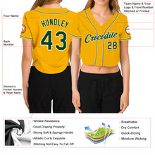 Загрузить изображение в средство просмотра галереи, Custom Women's Gold Green-White V-Neck Cropped Baseball Jersey
