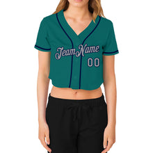 Laden Sie das Bild in den Galerie-Viewer, Custom Women's Aqua Gray-Navy V-Neck Cropped Baseball Jersey