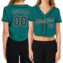 Laden Sie das Bild in den Galerie-Viewer, Custom Women's Aqua Black-White V-Neck Cropped Baseball Jersey