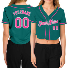Laden Sie das Bild in den Galerie-Viewer, Custom Women's Aqua Pink-White V-Neck Cropped Baseball Jersey