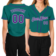 Laden Sie das Bild in den Galerie-Viewer, Custom Women's Aqua Purple-White V-Neck Cropped Baseball Jersey