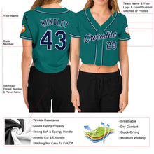 Laden Sie das Bild in den Galerie-Viewer, Custom Women's Aqua Navy-White V-Neck Cropped Baseball Jersey